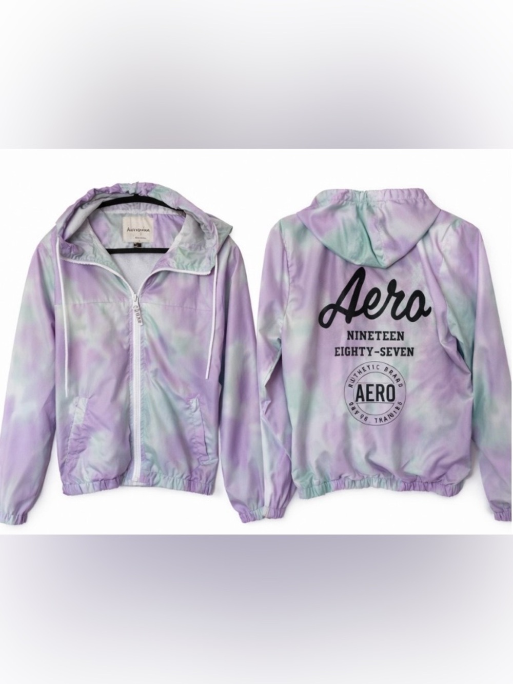 Aeropostale Y2K Windbreaker Pastel Tie Dye Jacket Hooded Zip Purple Green S